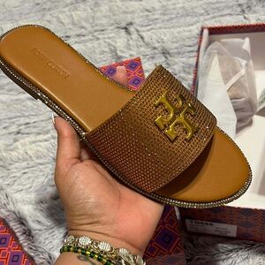 Tory Burch Tan Embellished Slide Sandals